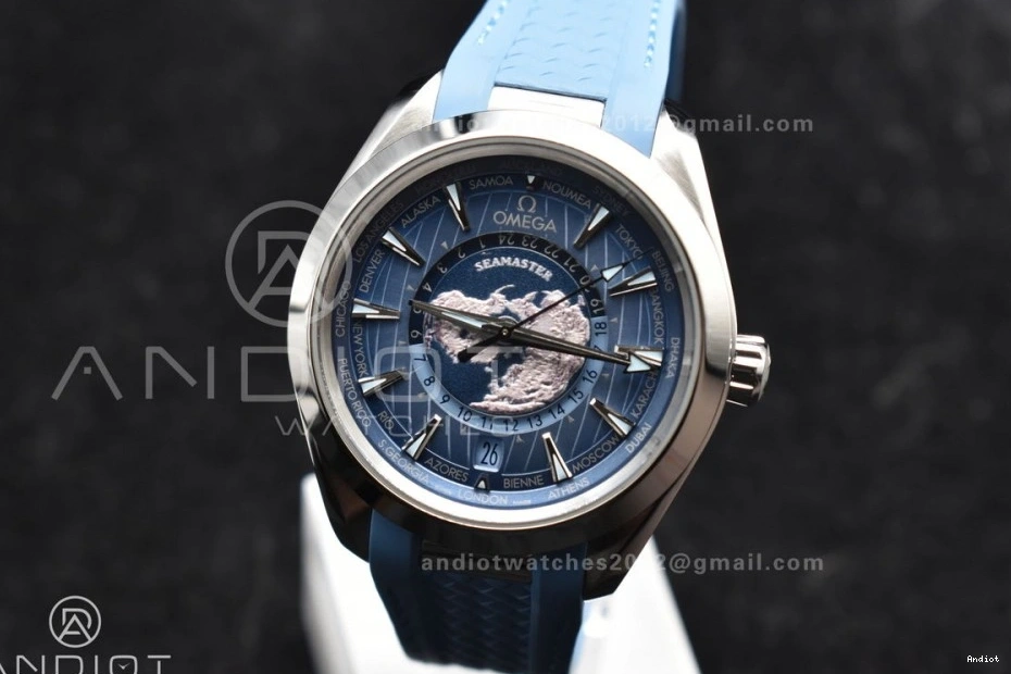 Blue 43mm Clone Dial Best Blue Aqua Rubber 1:1 Edition Super Summer A8938 Strap Terra on GMT VSF Worldtimer 1225
